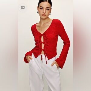 Commense Red Knit Tie-Front Blouse
